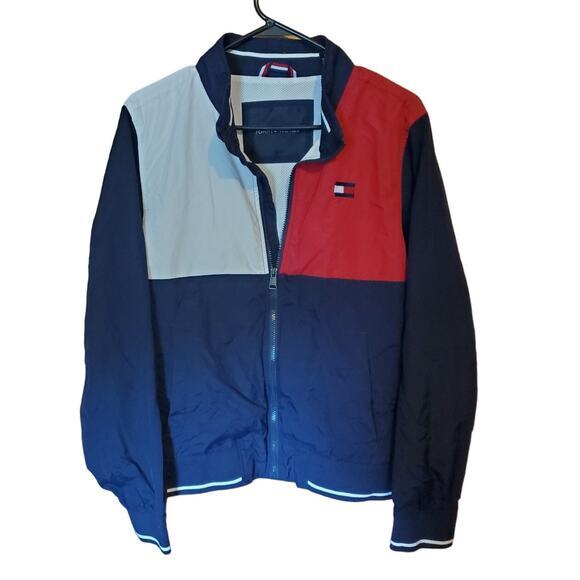 Tommy Hilfiger Mens Jacket Windbreaker Navy Red Full Zip Logo Nylon Sz S - Picture 1 of 7